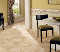 stone look ceramic tile in dining room with yellow walls